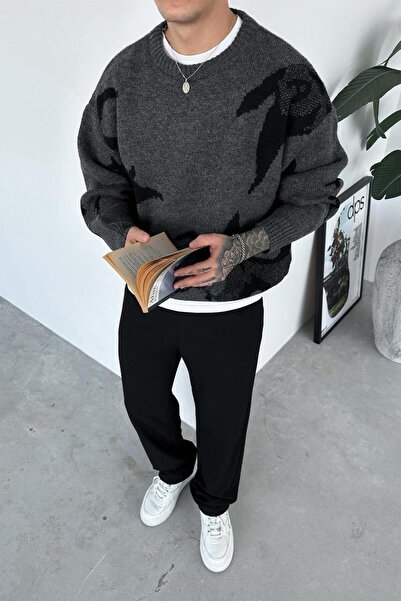 HAFKAGİYİM Темно-сірий преміум-светр з принтом Oversize