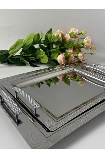 Perodia 2-Piece Rectangular Stainless Steel Presentation Tray Serving and Tea Tray
