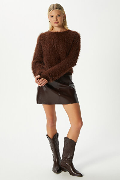 Ritnice Women's Matcha Soft Bearded Boat Neck Brown Knitwear Sweater