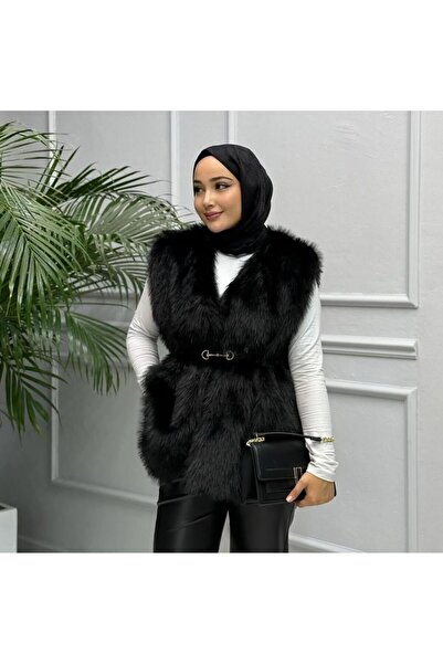 Hb Harma Time Butik Дамска подплатена кожена жилетка с колан и удобна кройка, черна