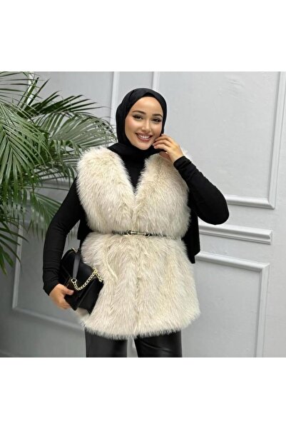 Hb Harma Time Butik Kadın Astarlı Kemerli Rahat Kalıp Kürk Krem Yelek