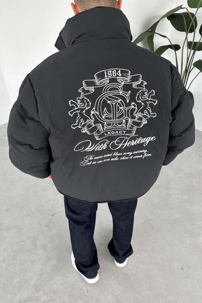 HAFKAGİYİM Siyah Premium Nakış İşlemeli Puffer Mont