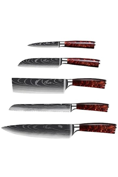 OptimStar Cuțite profesionale, set de 5 bucăți, duritate HRC 62+, ergonomice, mâner Deluxe din rășină