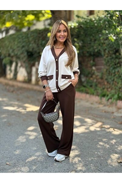 JANES Women's long sleeve ribbed cardigan with pocket detail and wide leg pants two-piece set