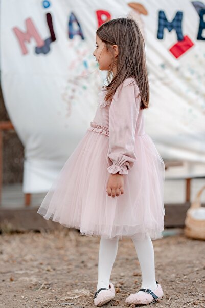 miabambim Rosa Kadife Kabarık Tüllü Kız Çocuk Elbise Pembe