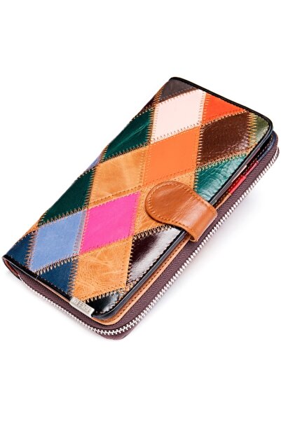 OptimStar Women's wallet made of leather, multicolor diamond pattern, 20x11.5x3cm