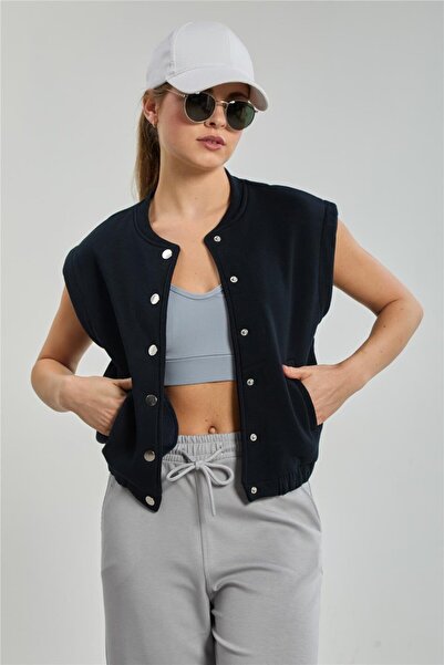 BARRELS AND OIL Women's Snap Fastener Sweat Vest - Navy Blue