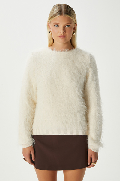 Ritnice Kadın Matcha Yumuşak Sakallı Kayık Yaka Krem Triko Kazak