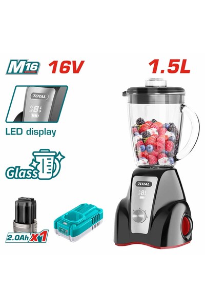 TOTAL Li-ion Rechargebal Cordless Stand Blender 16V, LED Display, Glass Jug 1.5L, Battery & Charger