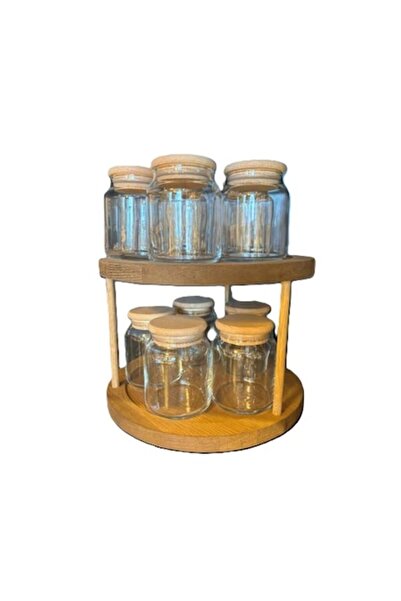 OEM Rotating Spice Rack with 10 Glass Jars, Wooden Lid, Brown