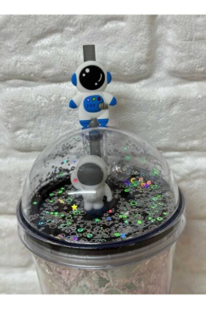 MutfakMarket Cup with Straw, Water Bottle, Cute Drinking Bowl, 450 Ml, with Double Astronaut Figures