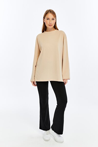 BASICA Clasy Beige Lacost Fabric Long Sleeve Crew Neck Basic Oversize T-Shirt