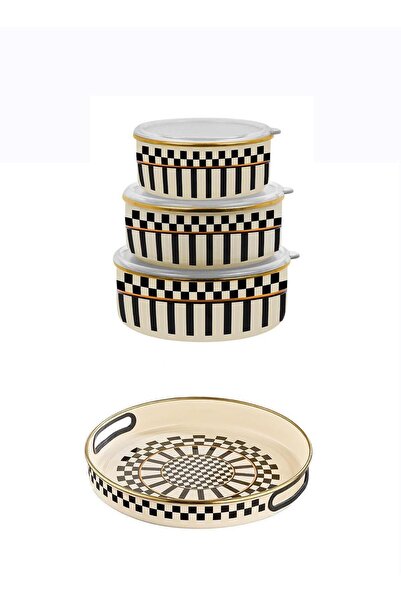 Altabi Prime Cream 3-Piece Enamel Storage Container and Enamel Serving Tray 28 cm