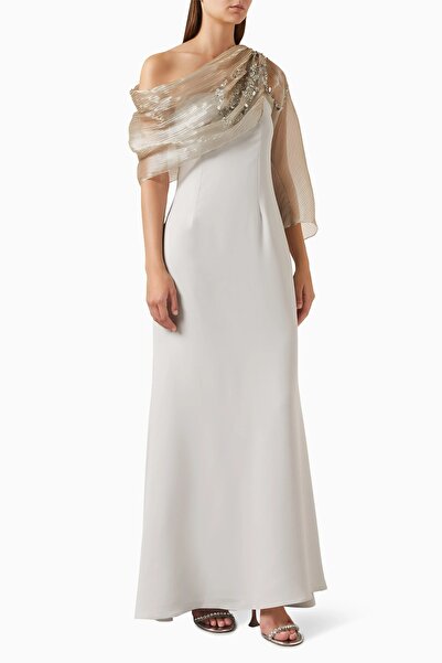 Alize Krep Drapeli Çiçek Süslemeli Abiye Elbise, Zarif Akşam ve Davet Şıklığı