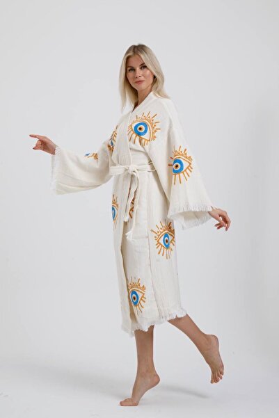 Befera Design Muslin Kimono 100% Cotton Eye Printed Patterned Bathrobe Kaftan Dressing Gown