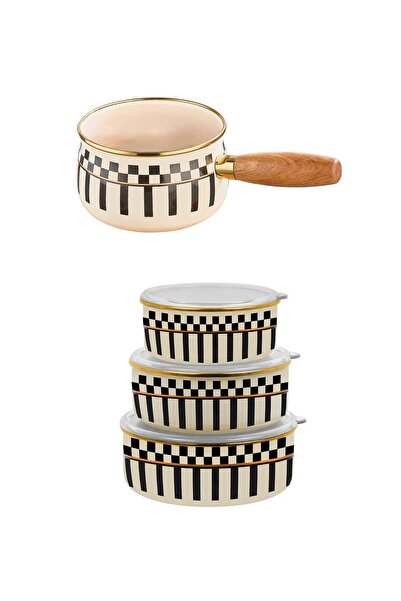 Altabi Prime Cream 3-Piece Enamel Storage Container and Enamel Milk Pot Sauce Bowl 14 cm