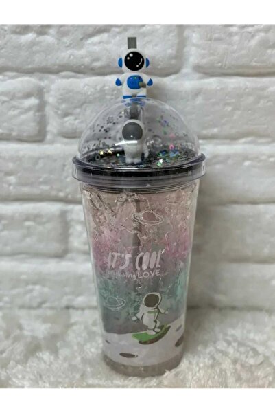 MutfakMarket Cup with Straw, Water Bottle, Cute Drinking Bowl, 450 Ml, with Double Astronaut Figures