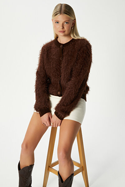 Ritnice Women's Rush Soft Bearded Brown Crew Neck Knitwear Cardigan Ws-07226