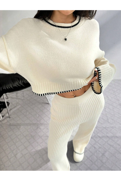 özkurtoğlu Cream Front Embroidery Detailed Knitwear Trousers Set