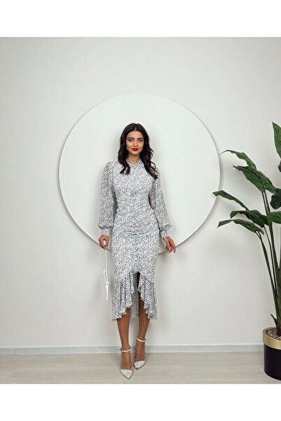 mafdress Kadın Beyaz Bebe Yaka Uzun Kol Şifon Elbise