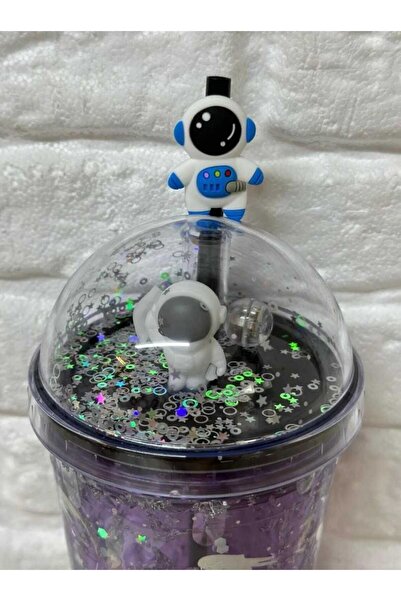 MutfakMarket Cup with Straw, Water Bottle, Cute Drinking Bowl, 450 Ml, with Double Astronaut Figures