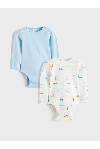 LC Waikiki Ecru Crew Neck Baby Boy Snap Fastener Bodysuit, Pack of 2