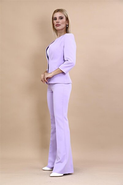 ÖNDER ÖZSOY Sıfır Yaka Düz Kısa Ceket & İspanyol Paça Pantolon-Menekşe