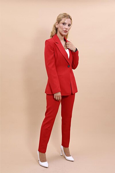 ÖNDER ÖZSOY Yakalı Klasik Ceket & Boru Paça Pantolon Takım-Kırmızı