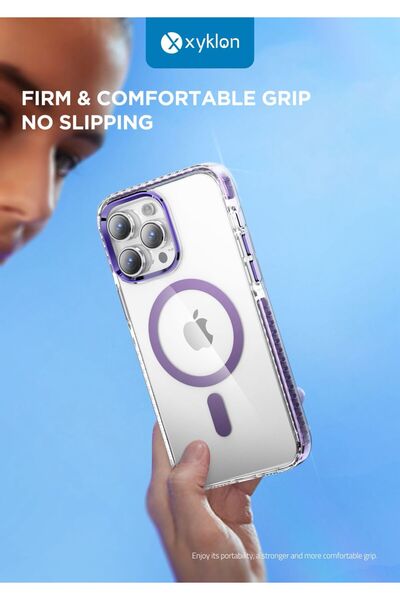 Xyklon جراب هاتف مغناطيسي شفاف بحزام معصم أرجواني لهاتف iPhone 14 Pro MAX