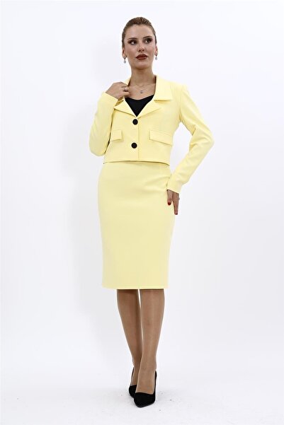 ÖNDER ÖZSOY Shirt Collar Short Jacket & Plain Tight Skirt-Yellow - 1055540