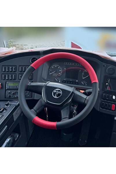 HASBAY DİKİŞLİ DİREKSİYON KILIFI SİYAH DERİ KIRMIZI DERİ KIRMIZI DİKİŞLİ TEMS...