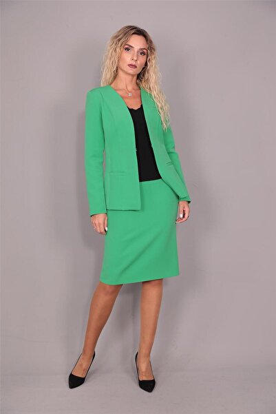 ÖNDER ÖZSOY V Yaka Uzun Ceket & Kalem Etek Takım-Yeşil