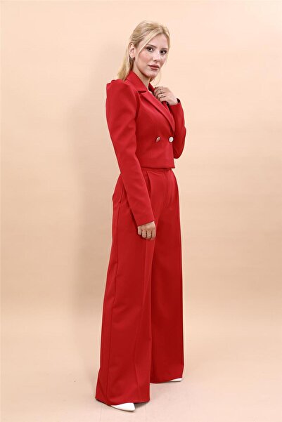 ÖNDER ÖZSOY Drape Ceket & Yüksek Bel Pileli Bol Paça Pantolon Takım-Kırmızı