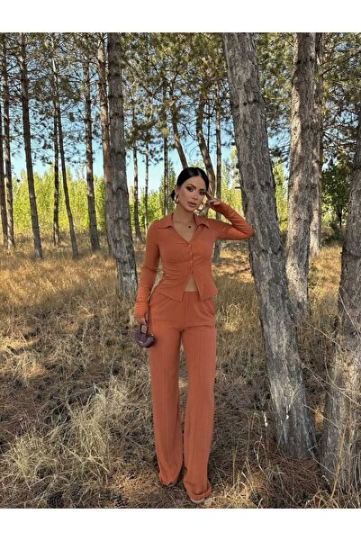 aytenli Polo Collar Half-Button Closure Finger-Loop Blouse Elasticized Size Pocketed Flowy Pants Set