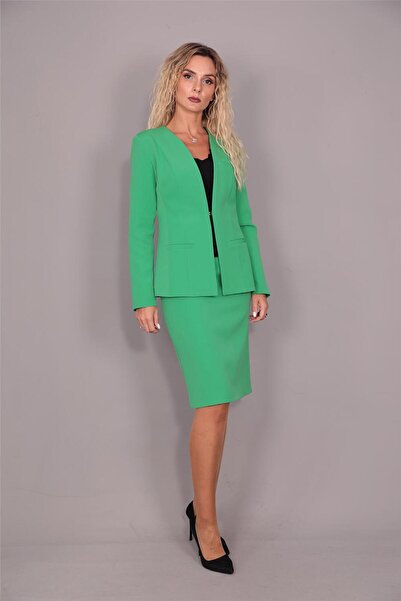 ÖNDER ÖZSOY V Yaka Uzun Ceket & Kalem Etek Takım-Yeşil