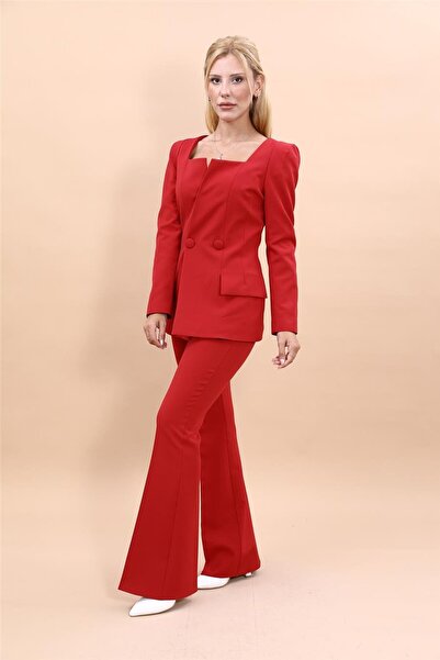 ÖNDER ÖZSOY Kare Yaka Ceket & İspanyol Paça Pantolon-Kırmızı