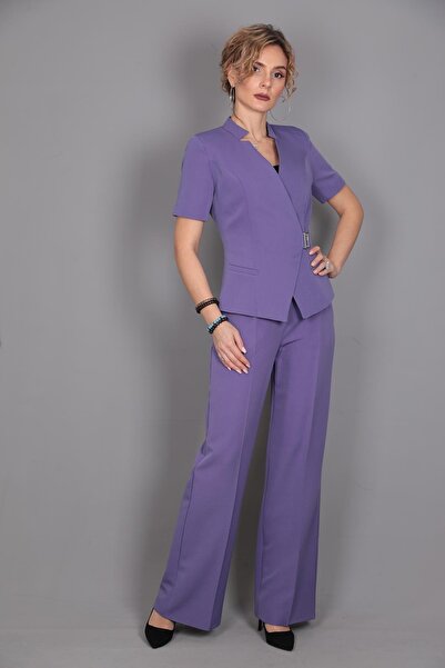 ÖNDER ÖZSOY Tokalı Kısa Kollu Ceket & Yüksek Bel Bol Paça Pantolon Takım-Lila