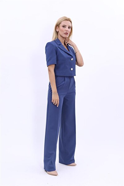 ÖNDER ÖZSOY Kısa Kollu Yakalı Mini Ceket & Yüksek Bel Bol Paça Pantolon Takım-İndigo