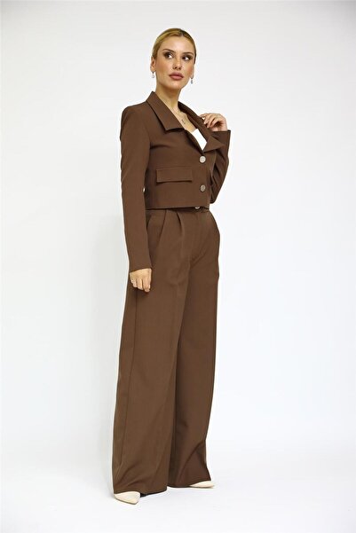 ÖNDER ÖZSOY Gömlek Yaka Kısa Ceket & Korsaj Kemer Yüksek Bel Palazzo Pantolon-Kestane
