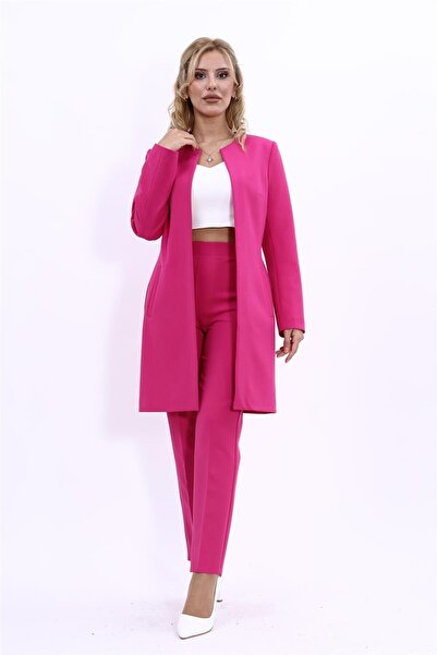 ÖNDER ÖZSOY Sıfır Yaka Düz Uzun Ceket & Dar Paça Pantolon-Fuşya