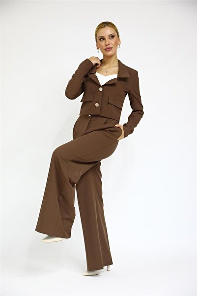ÖNDER ÖZSOY Gömlek Yaka Kısa Ceket & Korsaj Kemer Yüksek Bel Palazzo Pantolon-Kestane