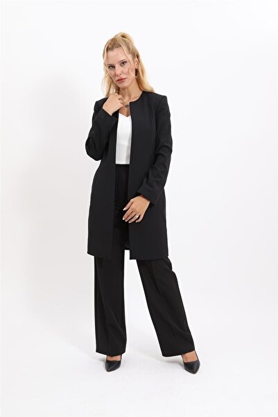 ÖNDER ÖZSOY Sıfır Yaka Düz Uzun Ceket & Bol Paça Pantolon-Siyah