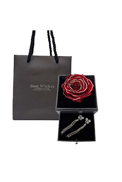 velve Trandafir criogenat in cutiuta cu sertar si cercei eleganti, rosu, Rosu
