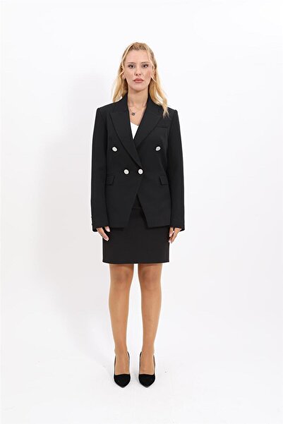 ÖNDER ÖZSOY Kruvaze Çapraz Ceket & Kısa Kalem Etek Takım-Siyah