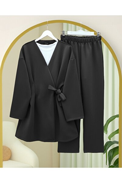 Modamorfo Buy Double Tie Scuba Kimono Set -Black