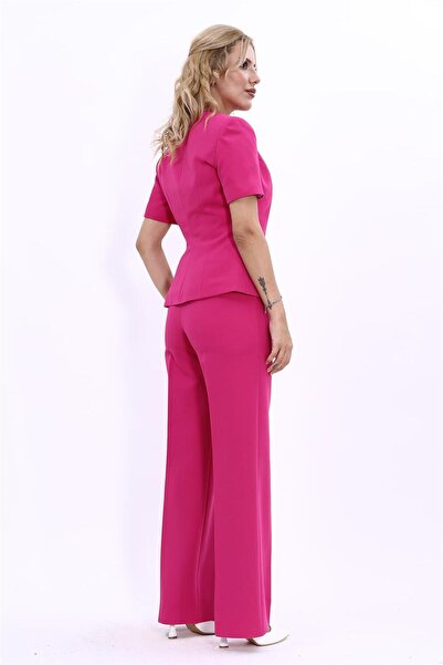 ÖNDER ÖZSOY Tokalı Kısa Kollu Ceket & Bol Paça Pantolon Takım-Fuşya