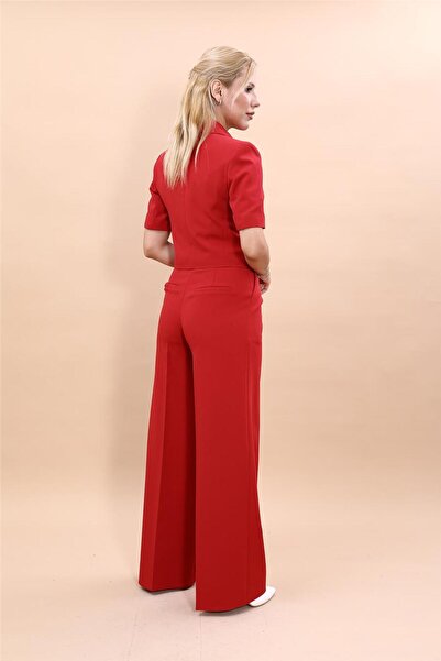 ÖNDER ÖZSOY Kısa Kollu Yakalı Mini Ceket & Yüksek Bel Bol Paça Pantolon Takım-Kırmızı