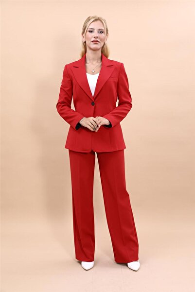 ÖNDER ÖZSOY Erkek Yaka Tek Düğmeli Klasik Ceket & Bol Paça Pantolon Takım-Kırmızı