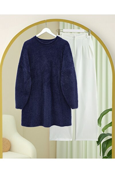 Modamorfo Bearded Long Loose Knitwear Tunic - Navy