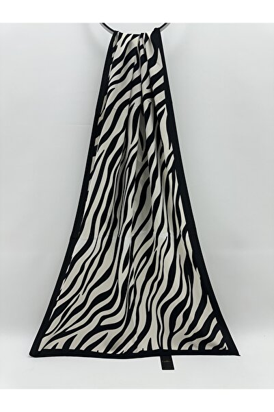 CARLİNA Medine İpeği Zebra Desen Kırık Beyaz-Siyah Şal